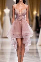 Pink Tulle Lace High Low Semi Formal Dresses, Pink Homecoming Dresses, 1